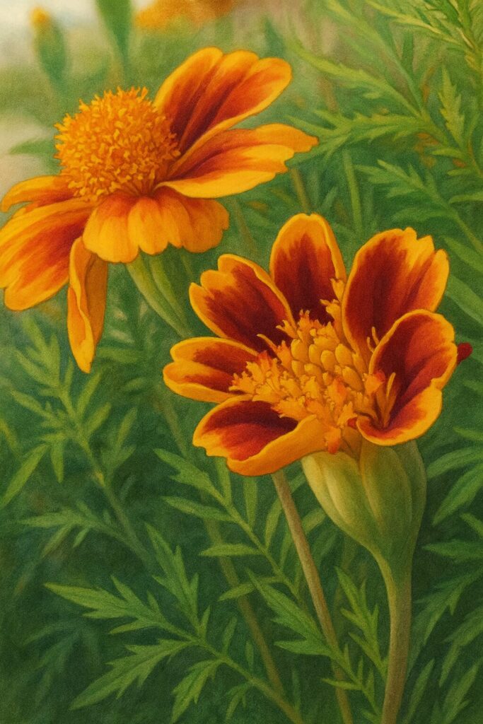 赤と黄色の花びらを持つ2輪のマリーゴールドを描いたプロイラスト｜ガーデニングや装飾用植物素材