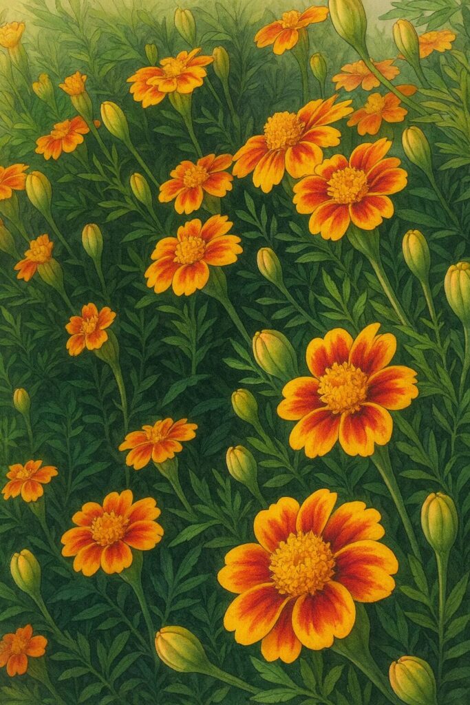 赤と黄色のマリーゴールドが群生して咲くプロイラスト｜鮮やかな花と緑の葉が描かれた植物素材