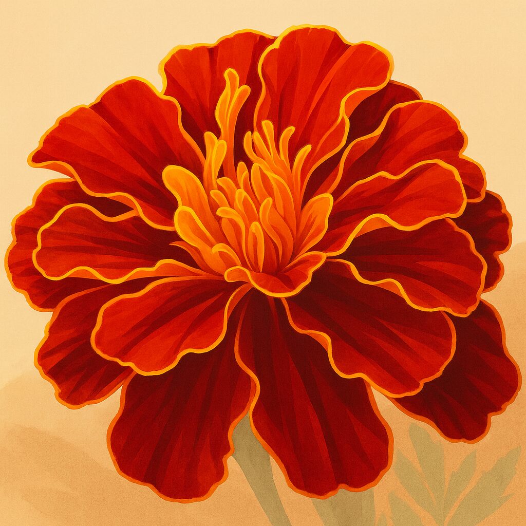 赤とオレンジの花びらを細部まで描いたマリーゴールドのプロイラスト｜鮮やかで力強い植物素材