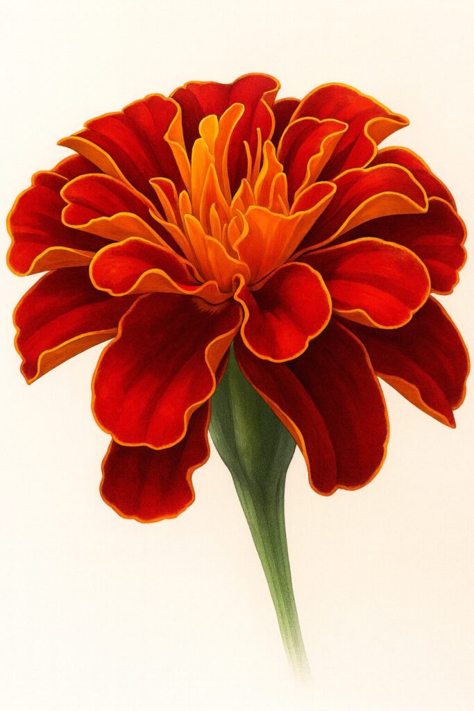 赤とオレンジの花びらを丁寧に描いたマリーゴールドのプロイラスト｜鮮やかで華やかな植物素材