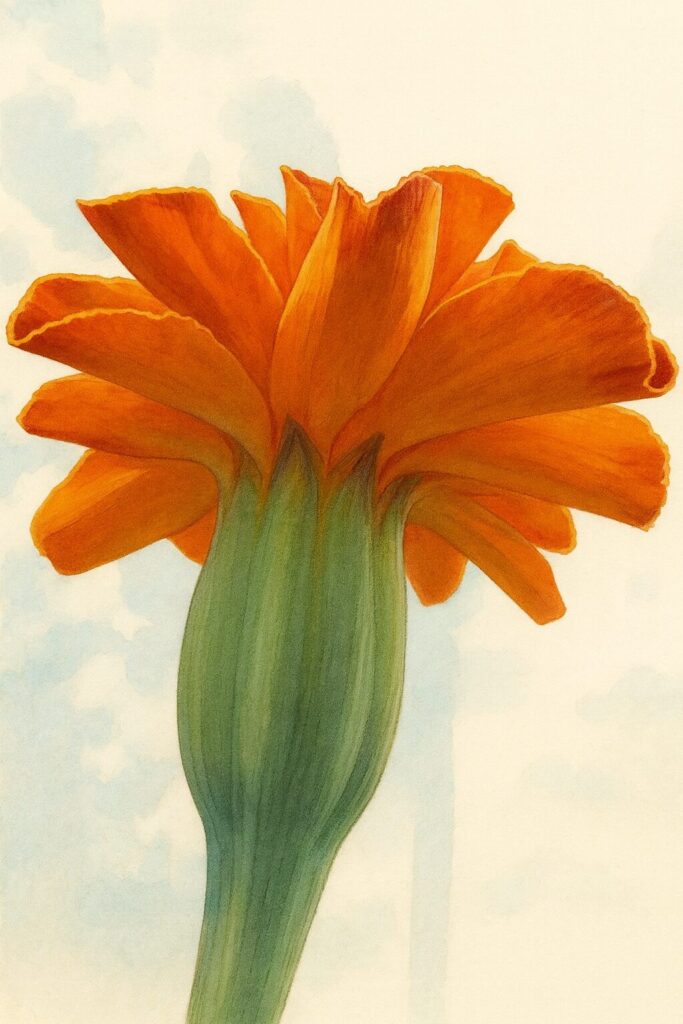 逆光で下から見上げた構図で描かれたオレンジ色のマリーゴールドのプロイラスト｜鮮やかな花びらと緑の茎