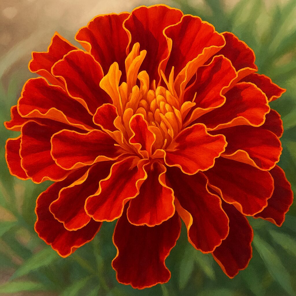 赤とオレンジの花びらを写実的に描いたマリーゴールドのプロイラスト｜鮮やかで立体的な植物素材