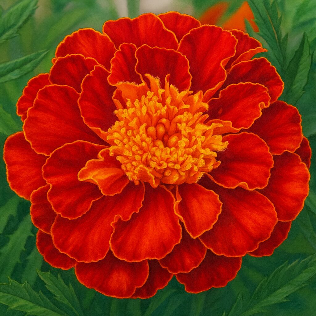 赤とオレンジの花びらをリアルに描いたマリーゴールドのプロイラスト｜写実的な植物イラスト素材