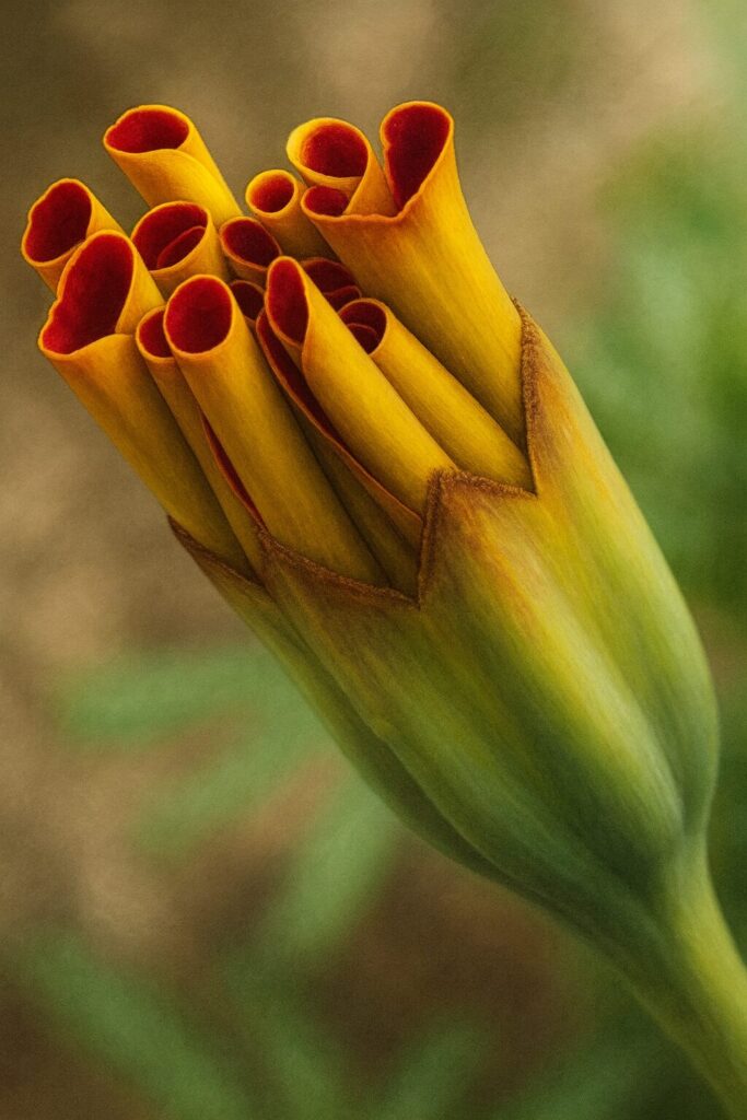 黄色と赤の花びらが巻かれたマリーゴールドの蕾を描いたプロイラスト｜リアルな植物イラスト素材