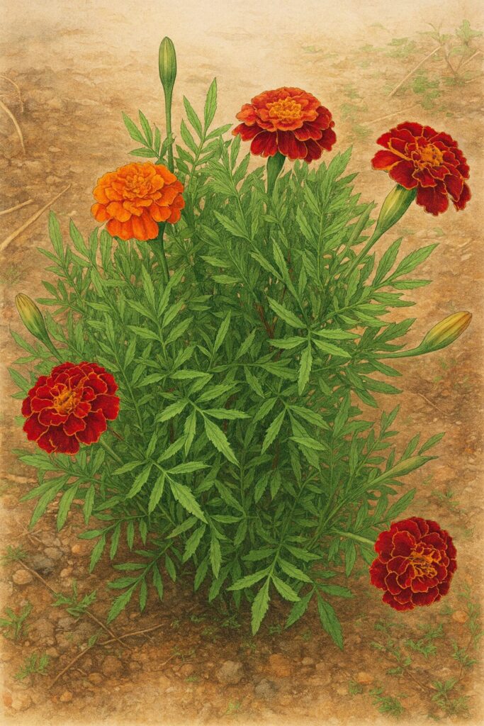 赤とオレンジの花を咲かせたマリーゴールドの株全体を描いたプロイラスト｜写実的な植物イラスト素材