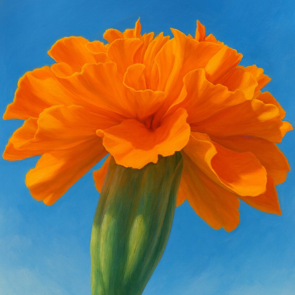 青空を背景に下から見上げて描かれたオレンジ色のマリーゴールドのプロイラスト｜鮮やかな植物イラスト素材
