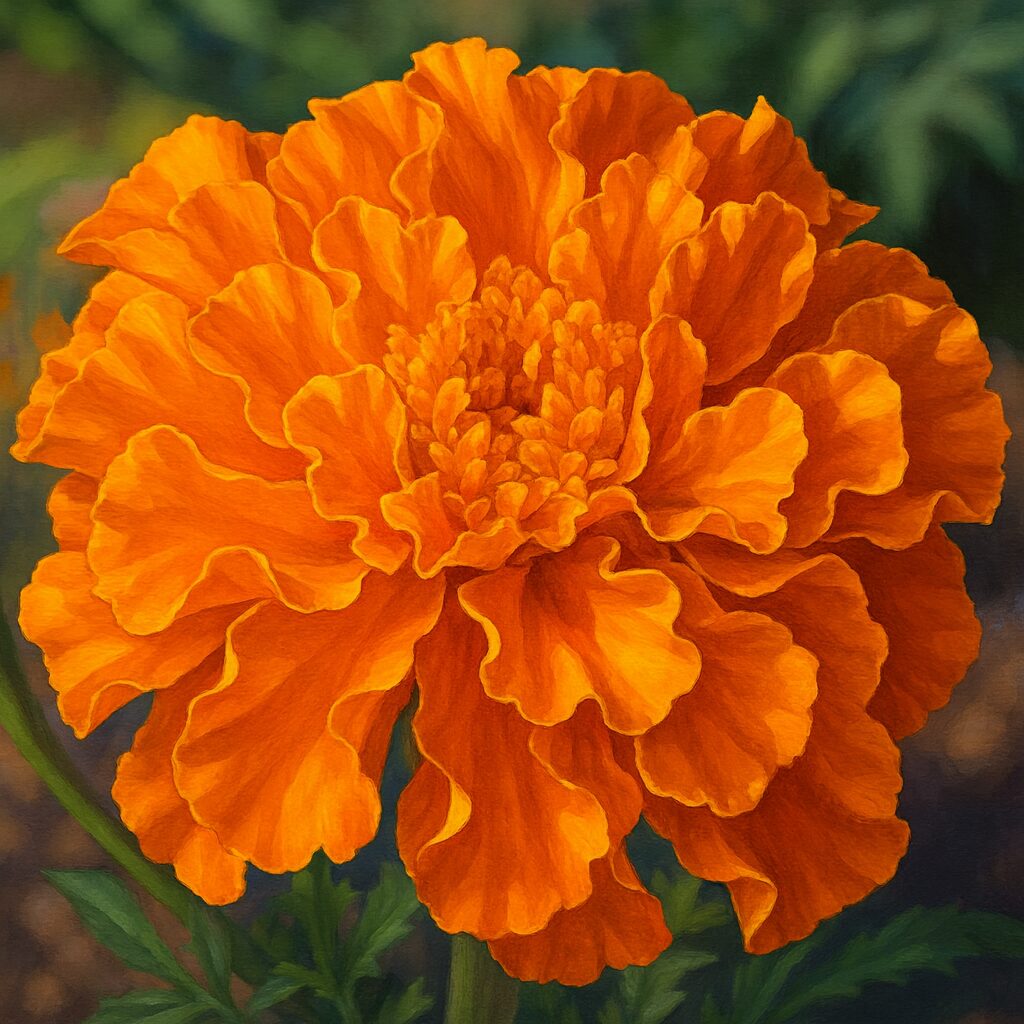 オレンジ色の花びらを繊細に描いたマリーゴールドのプロイラスト｜写実的で立体感のある植物素材