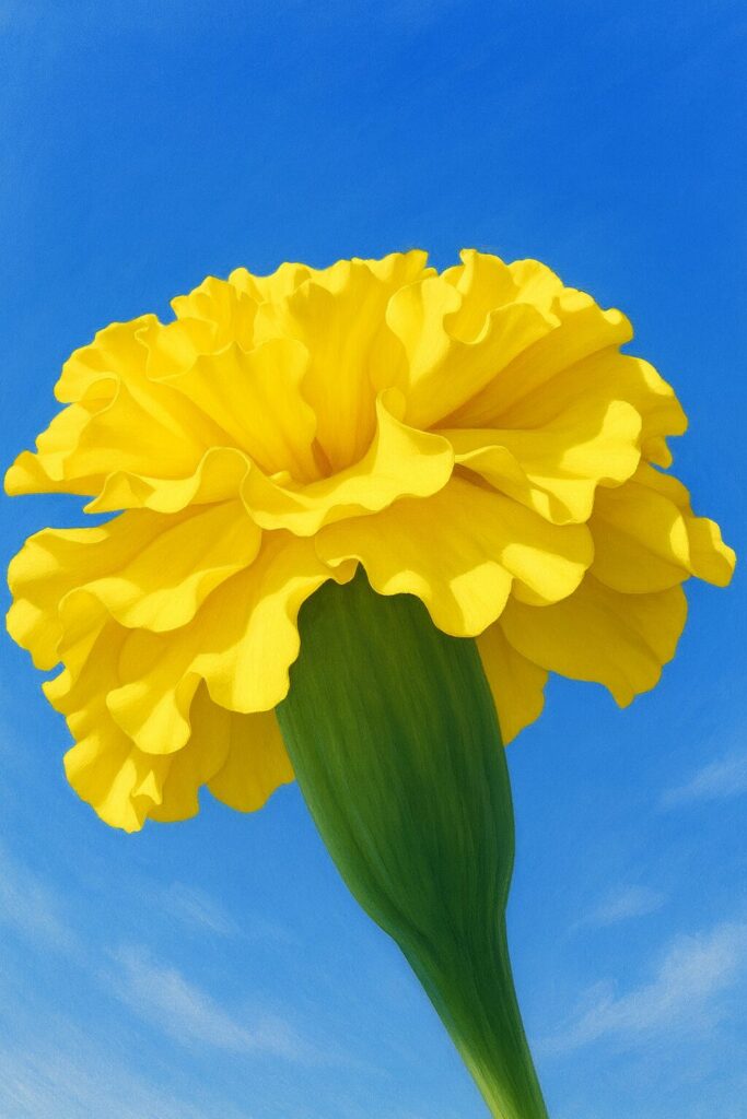 青空を背景に描かれた黄色いマリーゴールドのプロイラスト｜写実的で鮮やかな植物素材