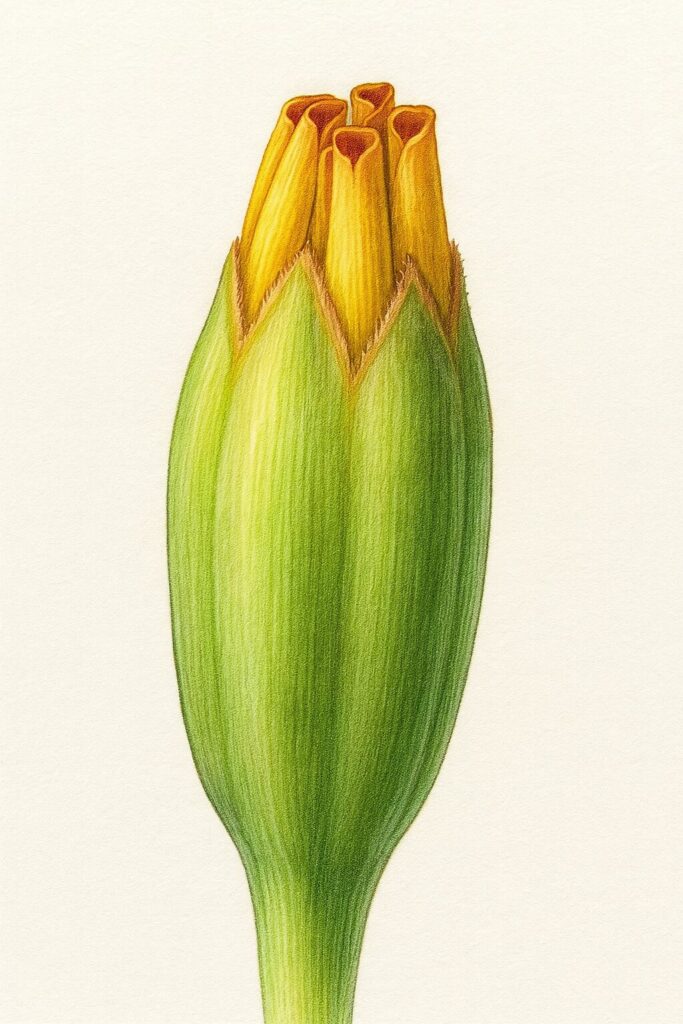 黄色い花びらが萼からのぞくマリーゴールドの蕾を描いたプロイラスト｜写実的で繊細な植物素材