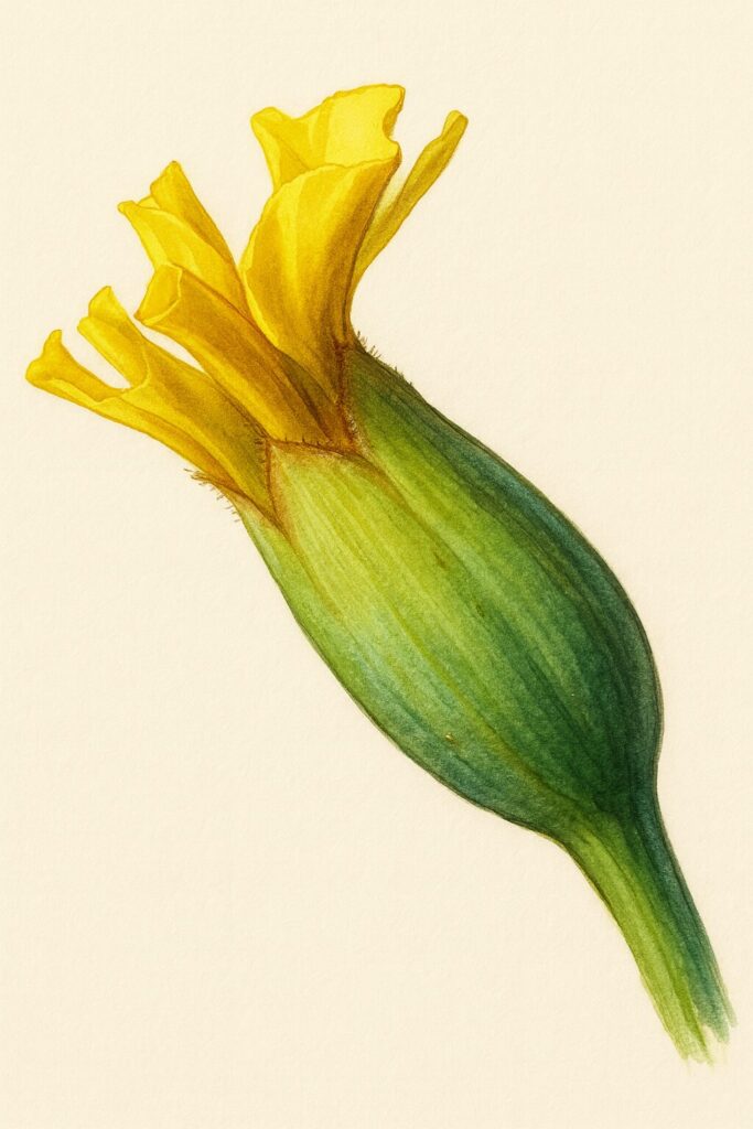 黄色い花びらが少しずつ開き始めたマリーゴールドの蕾を描いたプロイラスト｜写実的で繊細な植物素材