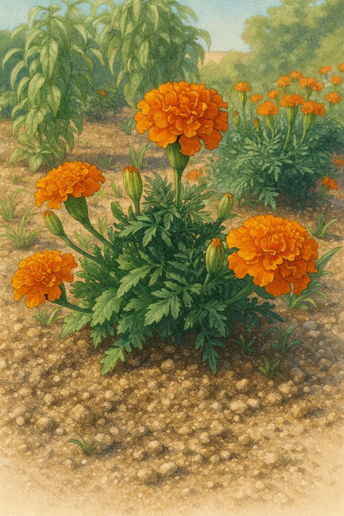 畑に咲くオレンジ色のマリーゴールドの株を描いたプロイラスト｜写実的で鮮やかな植物素材