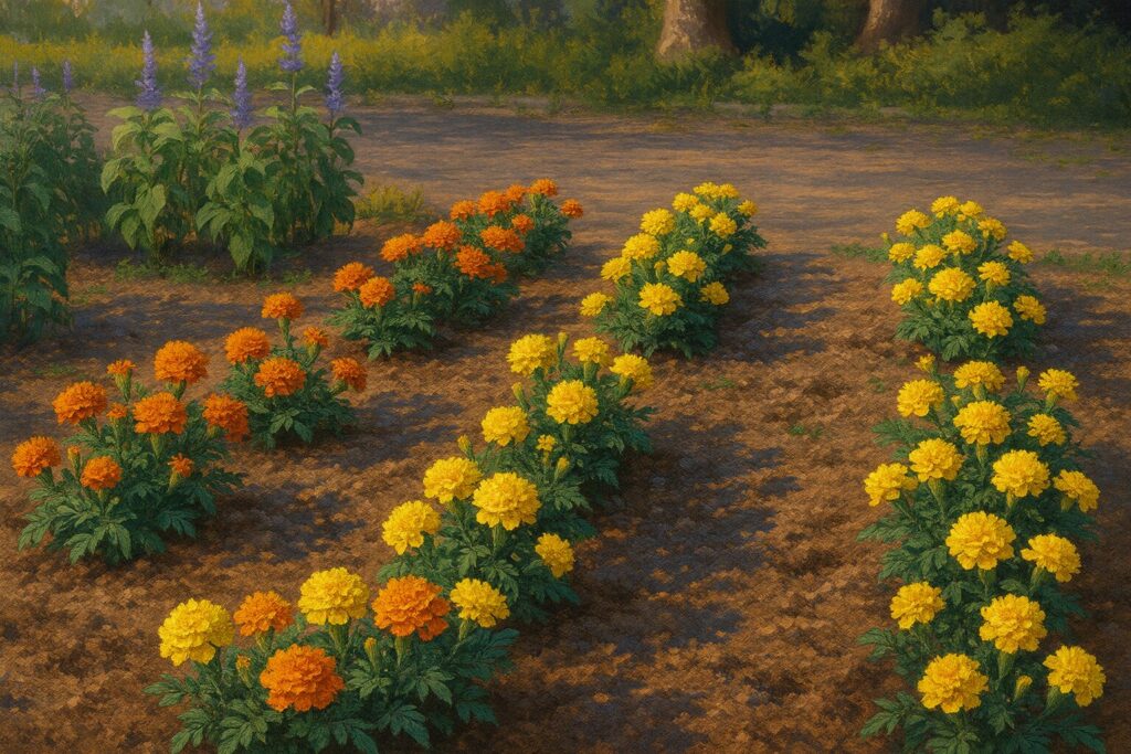 黄色とオレンジのマリーゴールドが並んで咲く花壇を描いたプロイラスト｜写実的で美しい植物イラスト素材