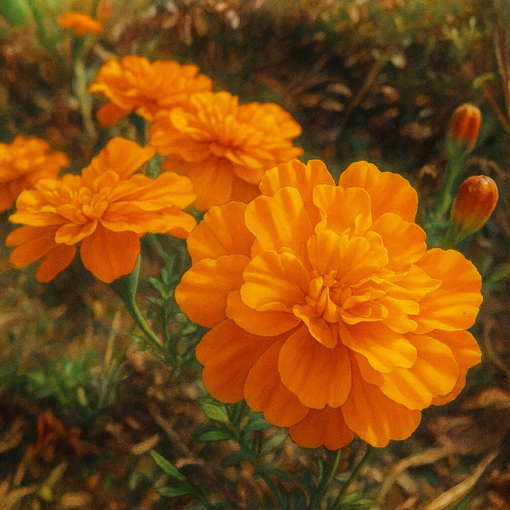 オレンジ色のマリーゴールドが並んで咲く様子を描いたプロイラスト｜写実的で華やかな植物素材