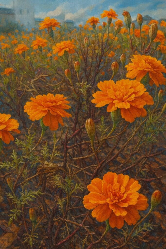 オレンジ色のマリーゴールドが群生して咲く様子を描いたプロイラスト｜写実的で華やかな植物イラスト素材