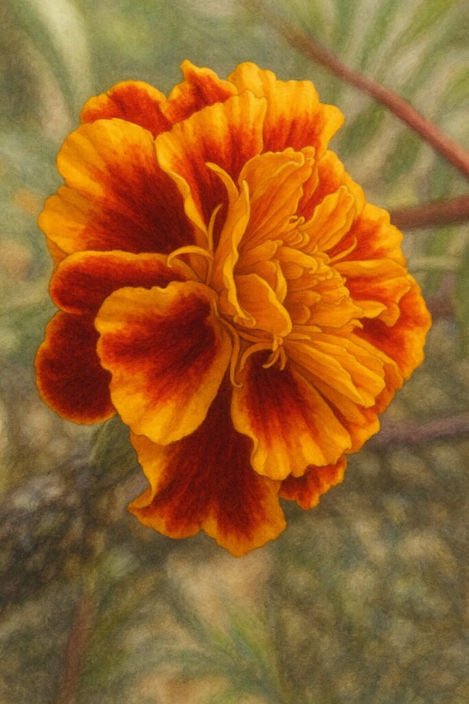 黄色と赤の花びらを繊細に描いたマリーゴールドのプロイラスト｜写実的で華やかな植物素材