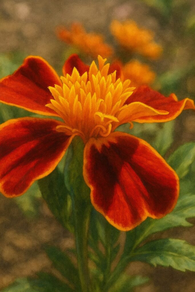 赤と黄色のコントラストを鮮明に描いたマリーゴールドのプロイラスト｜写実的で華やかな植物イラスト素材