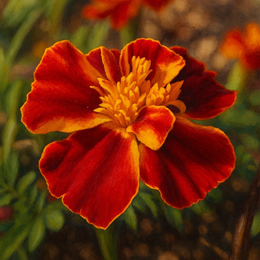 赤と黄色の花びらを繊細に描いたマリーゴールドのプロイラスト｜写実的で華やかな植物イラスト素材