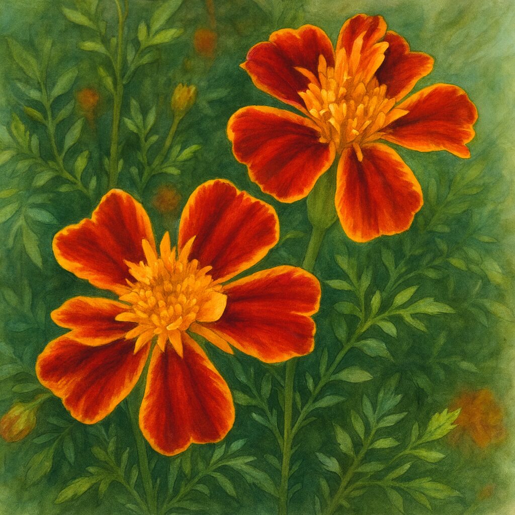 赤と黄色のマリーゴールドの花を描いたプロレベルのボタニカルイラスト