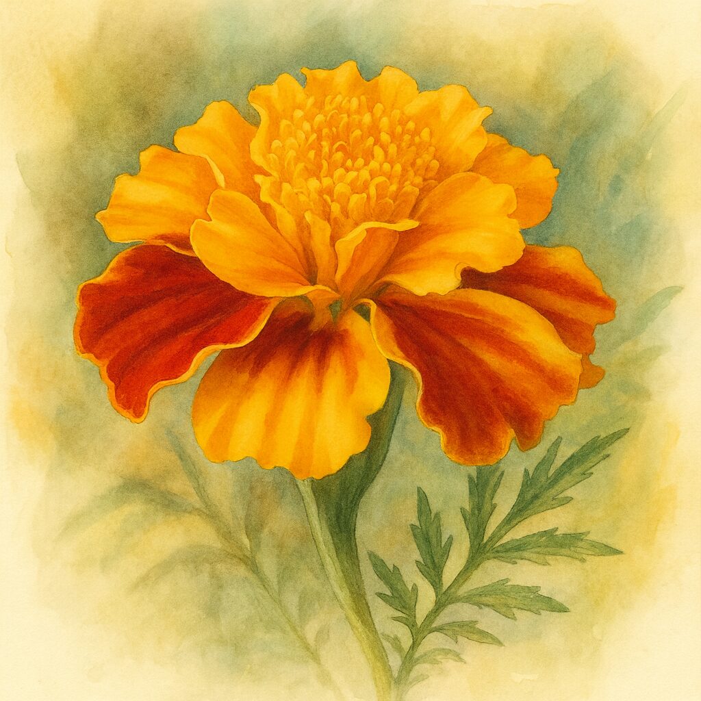 赤と黄色の花びらを描いたマリーゴールドのプロレベルボタニカルイラスト