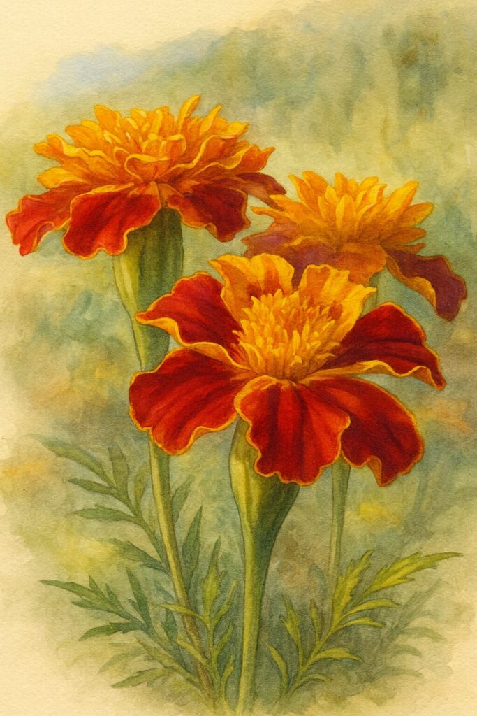 赤と黄色のマリーゴールドの花を描いた群生のボタニカルイラスト