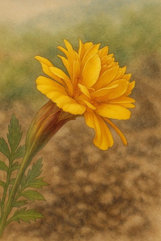 黄色い花びらを丁寧に描いたマリーゴールドのプロレベルボタニカルイラスト