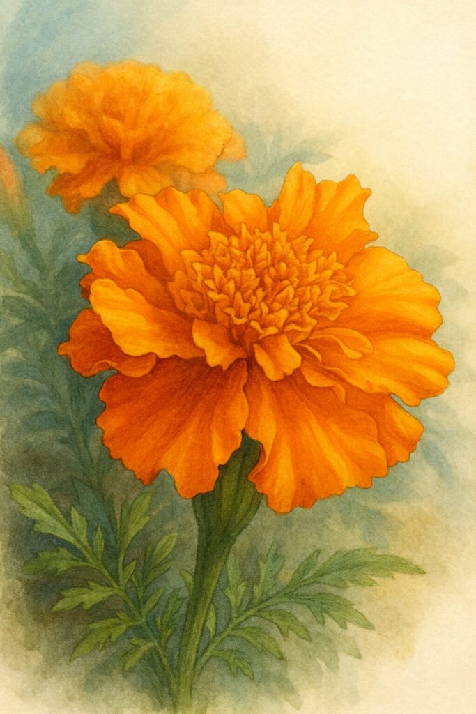 オレンジ色のマリーゴールドを丁寧に描いたプロレベルのボタニカルイラスト