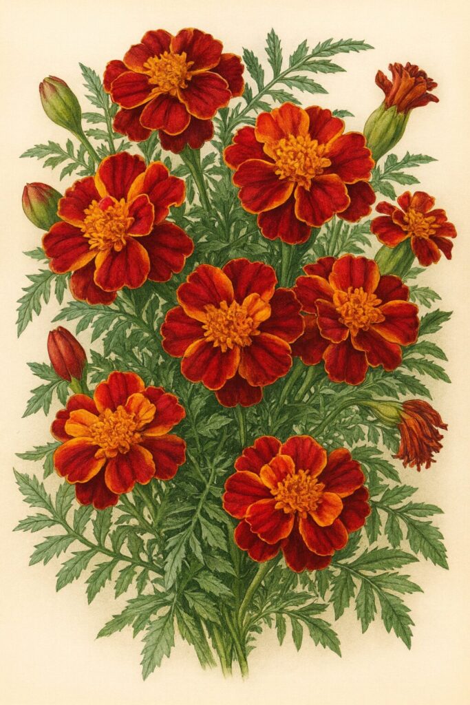 赤とオレンジのマリーゴールドを描いた群生のプロレベルボタニカルイラスト