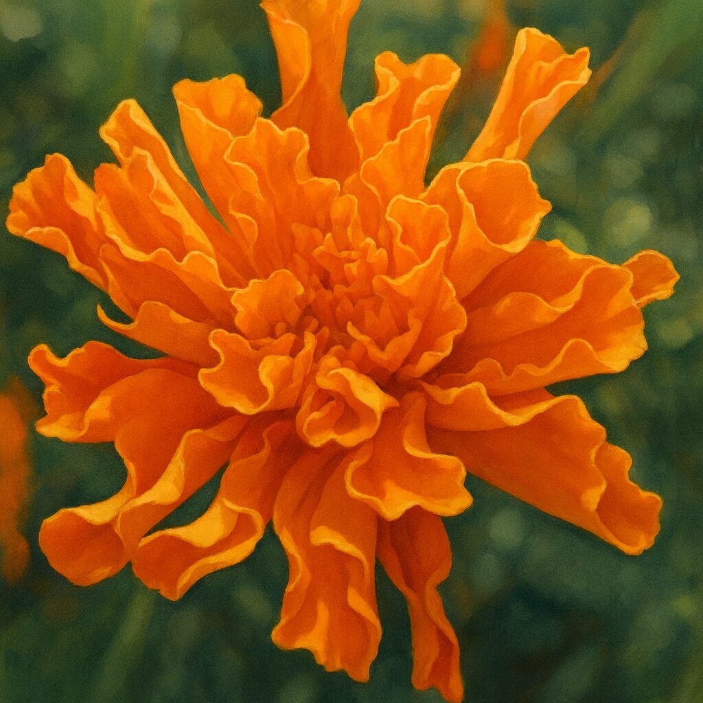 オレンジ色の花びらを繊細に描いたマリーゴールドのプロレベルボタニカルイラスト