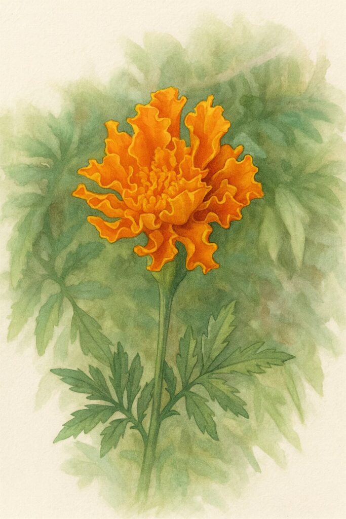 オレンジ色の花びらを丁寧に描いたマリーゴールドのプロレベルボタニカルイラスト