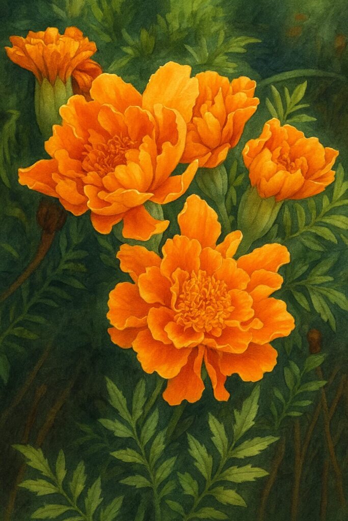 オレンジ色のマリーゴールドを精密に描いた群生のプロレベルボタニカルイラスト