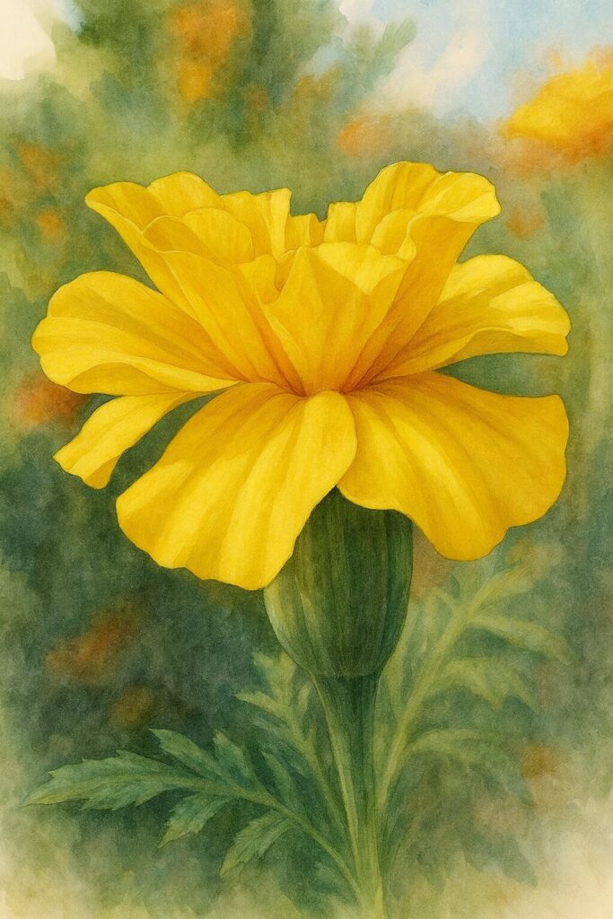 黄色いマリーゴールドを精密に描いたプロレベルのボタニカルイラスト