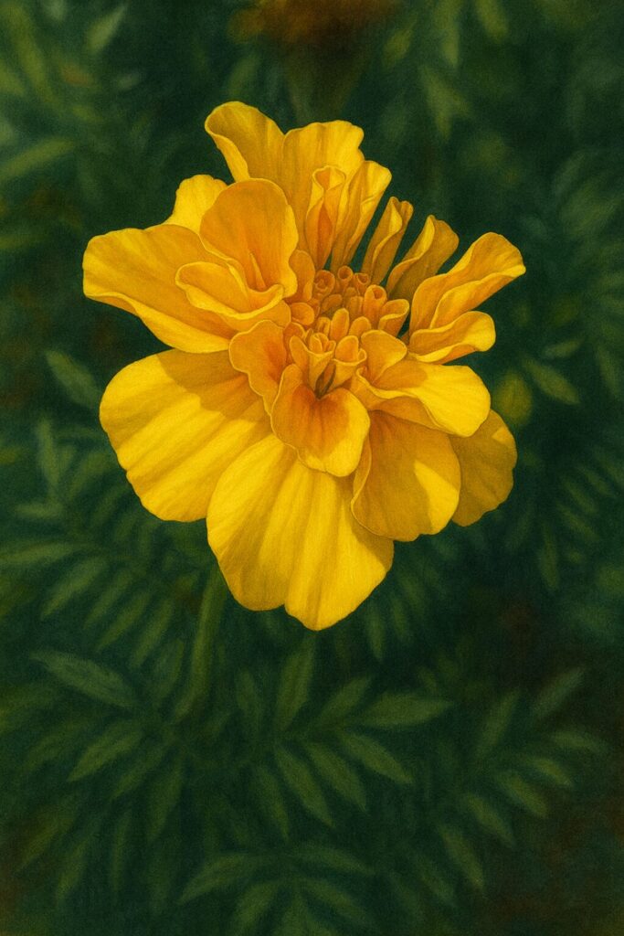 黄色いマリーゴールドの花を描いたプロレベルのリアルなボタニカルイラスト｜ガーデニングや植物図鑑向け