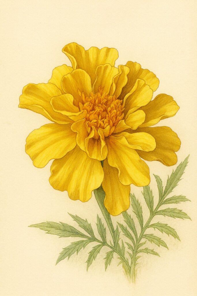黄色いマリーゴールドの花を描いたリアルなボタニカルイラスト｜園芸や植物図鑑に最適な高品質イラスト