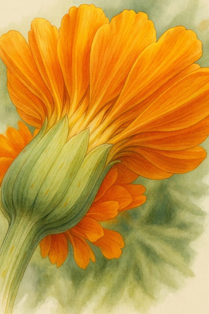 オレンジ色のマリーゴールドを裏側から描いたリアルなボタニカルイラスト｜花びらと茎の細部まで表現