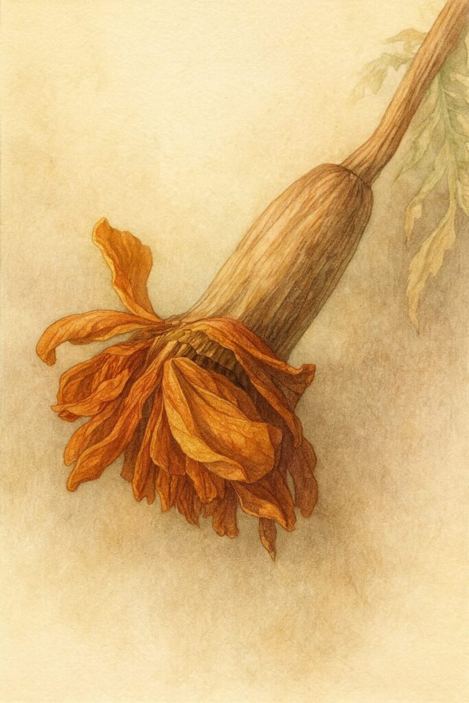 枯れゆくマリーゴールドを描いたリアルなボタニカルイラスト｜しおれた花びらと乾いた茎を精緻に表現