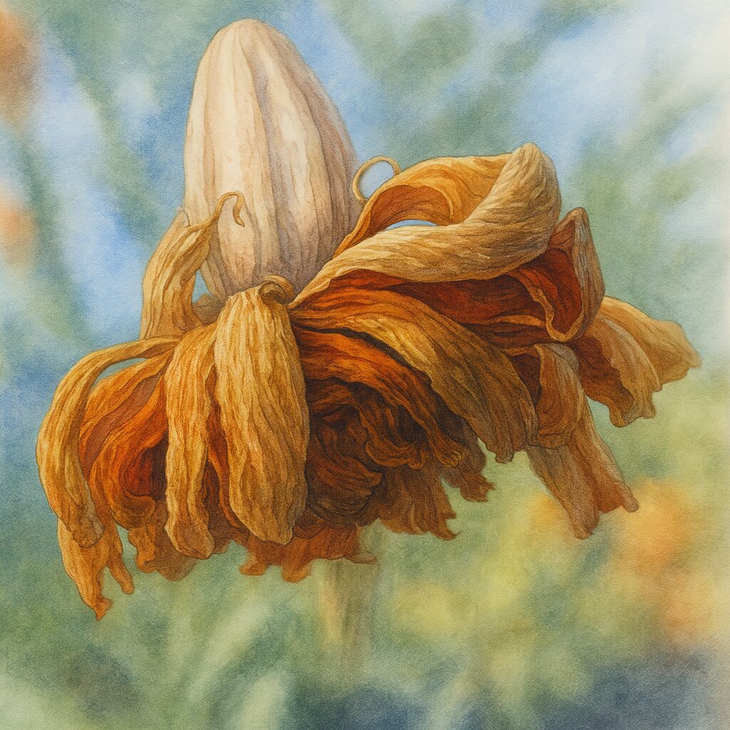 枯れたマリーゴールドを下から描いたリアルなボタニカルイラスト｜しおれた花びらと茎を精緻に表現