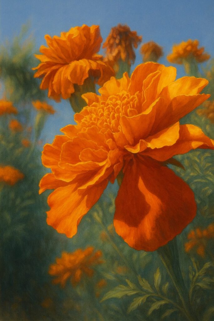 青空を背景に咲くオレンジ色のマリーゴールドを描いたリアルなボタニカルイラスト｜鮮やかな花びらと自然の風景