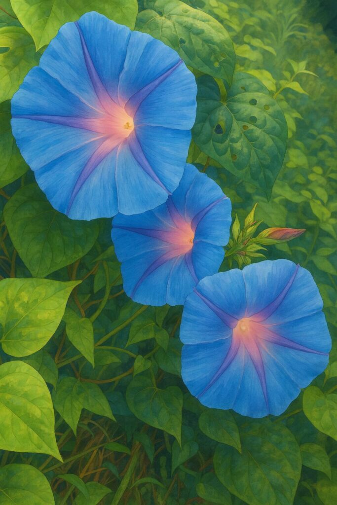 青とピンクのグラデーションが美しいノアサガオの花を描いた植物イラスト