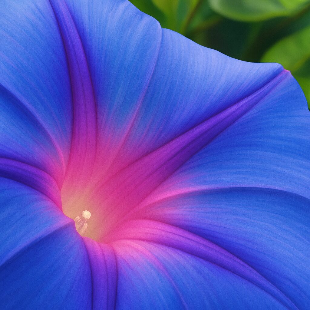 ノアサガオの花芯を強調したイラスト、青と紫ピンクの鮮やかな花弁のグラデーション