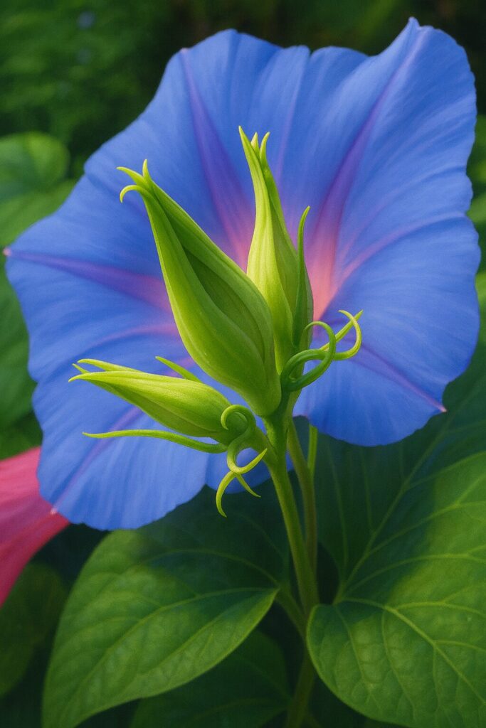 青いノアサガオの花と鮮やかな緑のつぼみを描いた植物イラスト、リアルな質感と柔らかな色彩