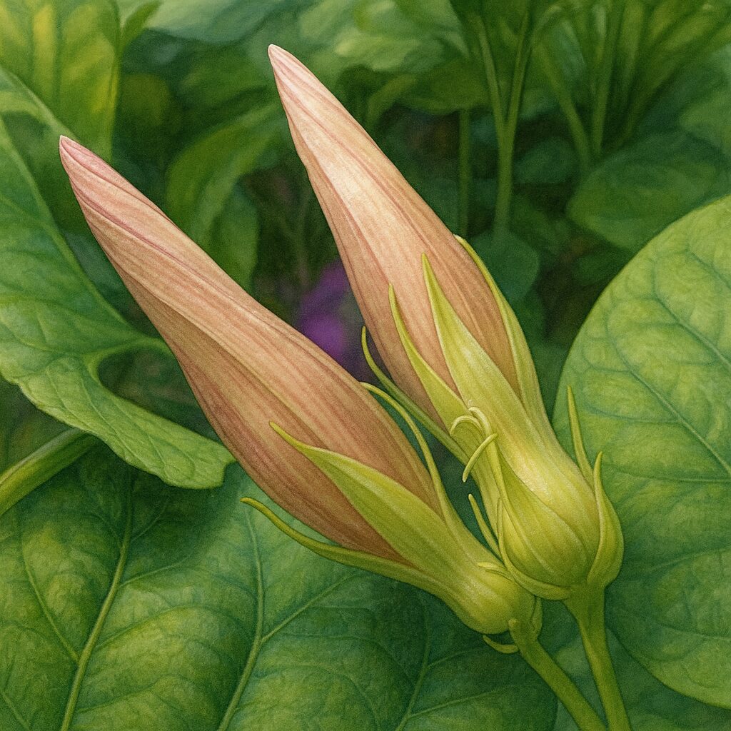 ノアサガオの二つのつぼみをリアルに描いた植物イラスト、ピンクがかった蕾と緑の葉のコントラスト