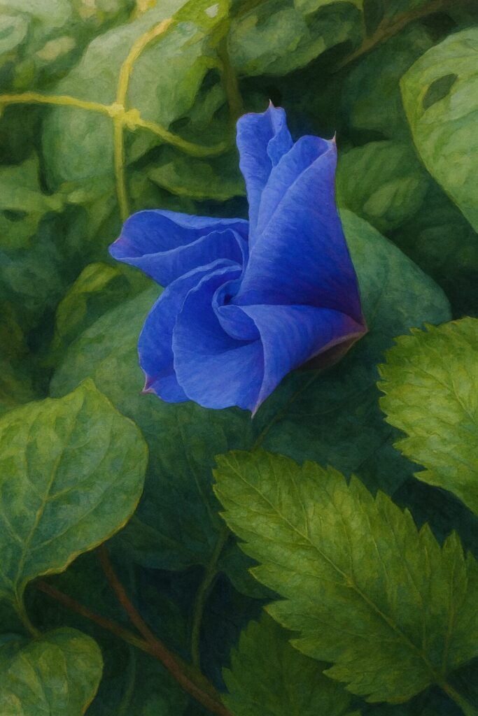 青紫色のノアサガオが萎みながら花弁を丸める姿を描いた植物イラスト、緑の葉との対比が美しい