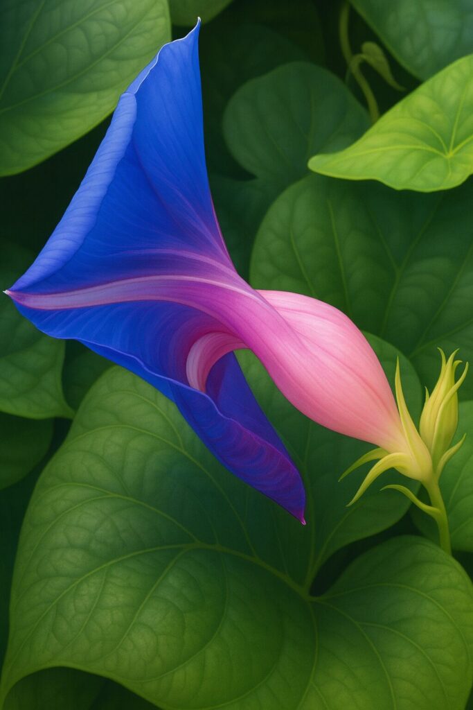 青からピンクへグラデーションするノアサガオのしぼみかけた花を描いた植物イラスト、緑の葉と調和