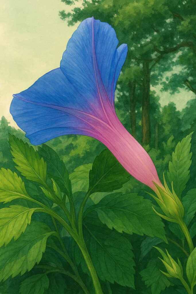 青からピンクに色づくノアサガオの花を描いた植物イラスト、緑の葉と森林背景との調和