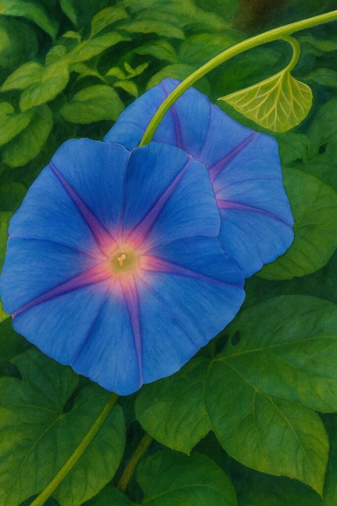 鮮やかな青とピンクのコントラストが美しい2輪のノアサガオを描いた植物イラスト、緑の葉背景付き