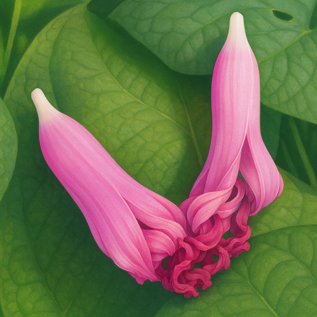 緑の葉の上に並ぶ2輪のしぼんだノアサガオを描いた植物イラスト、白からピンクへの色彩が美しい