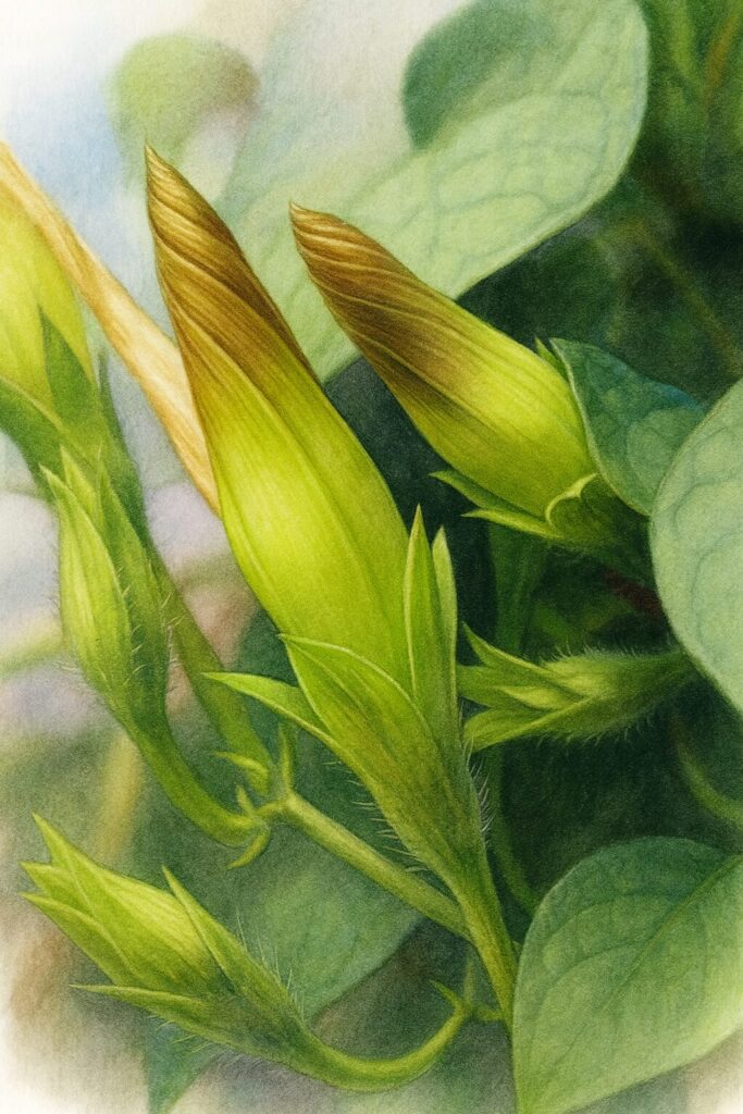 ノアサガオのつぼみを精密に描いた植物イラスト 緑から茶色にかけて色づく先端の描写