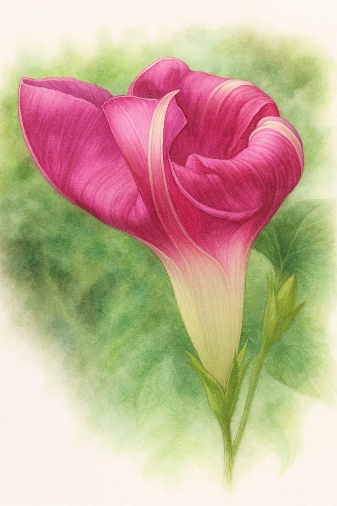 ノアサガオの花が咲き始める瞬間を精密に描いたプロレベルの植物イラスト