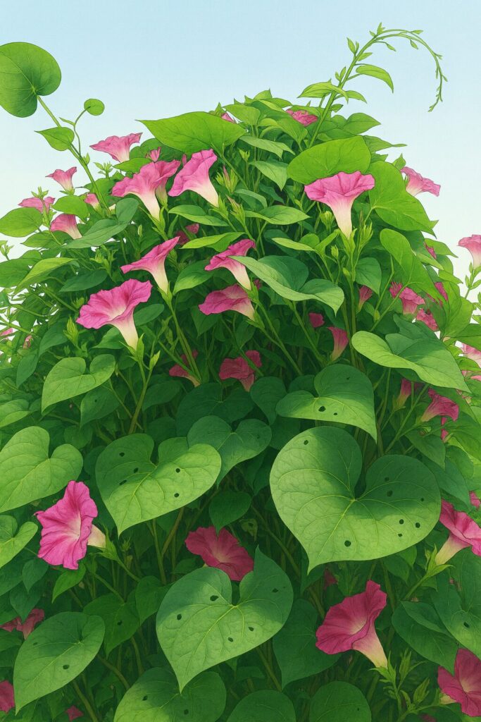 ピンク色のノアサガオが群生して咲く様子を描いたプロレベルの植物イラスト