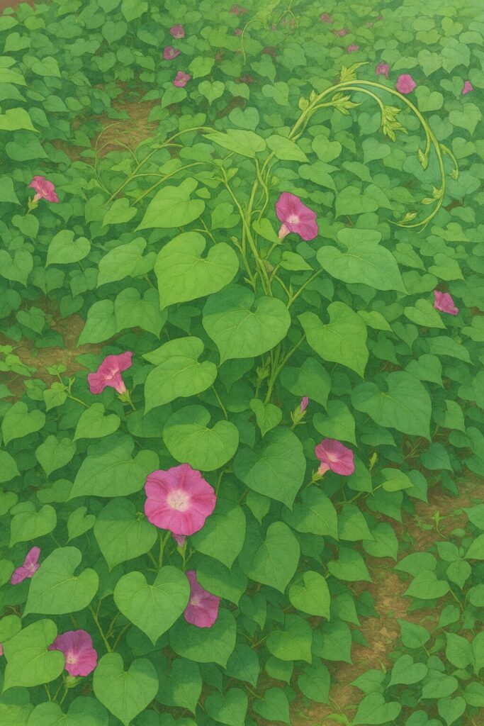 地面を覆うノアサガオのつるとピンクの花を描いたプロレベルの植物イラスト